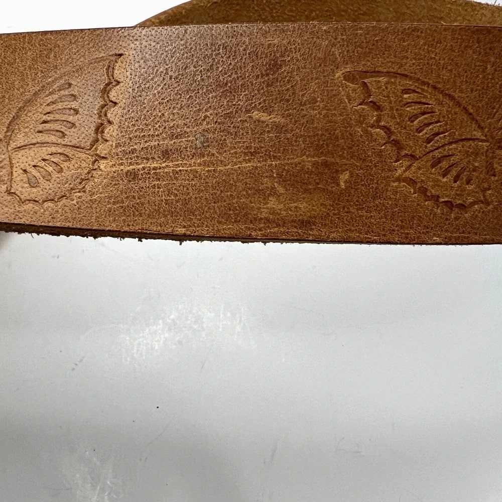 Tan Genuine Leather Butterfly Embossed Belt Solid Brass Buckle‎ Medium Large